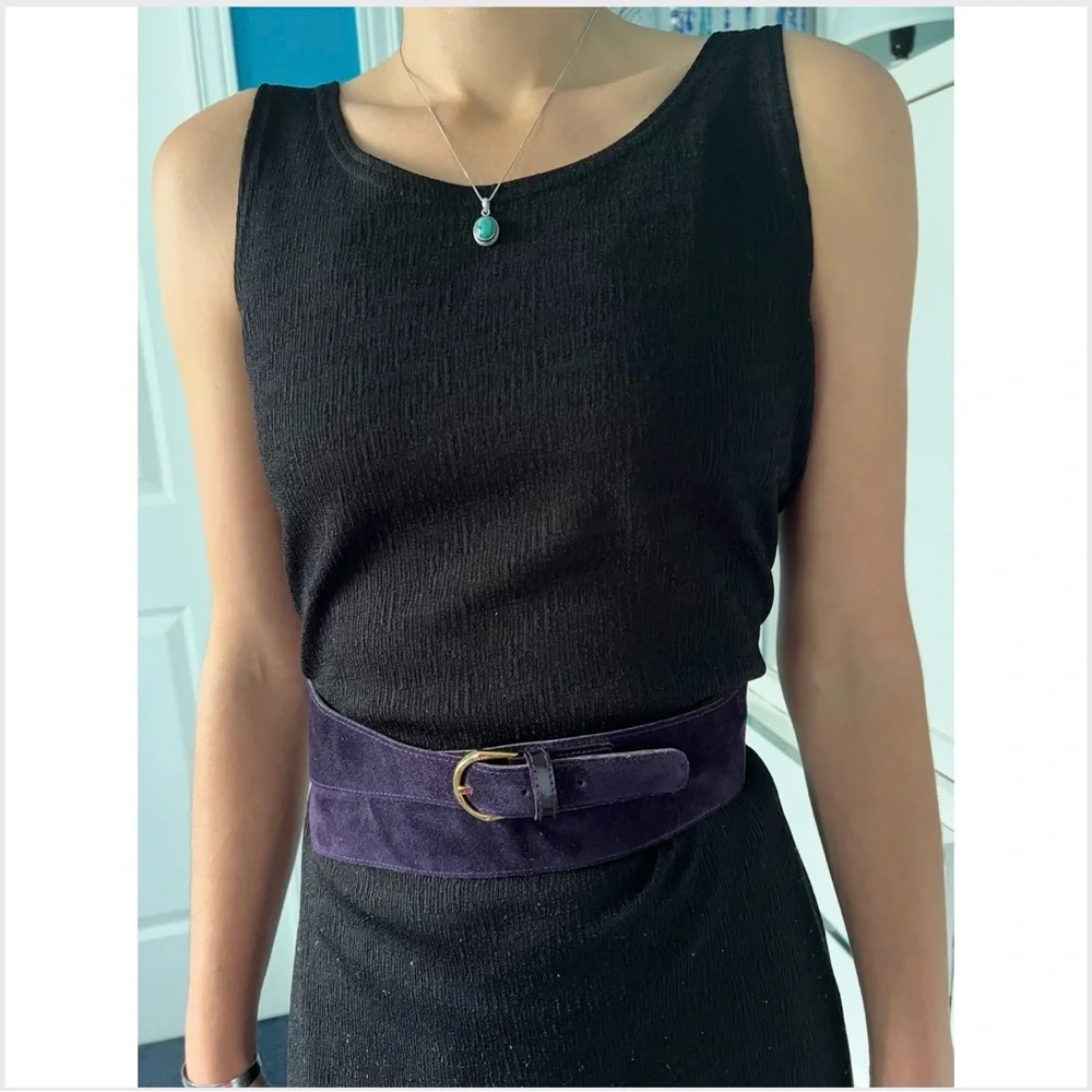 🎁 Vintage Leather Belt 1983 French | Deep Purple Suede | Asymmetrical Detail New - Picture 13 of 16